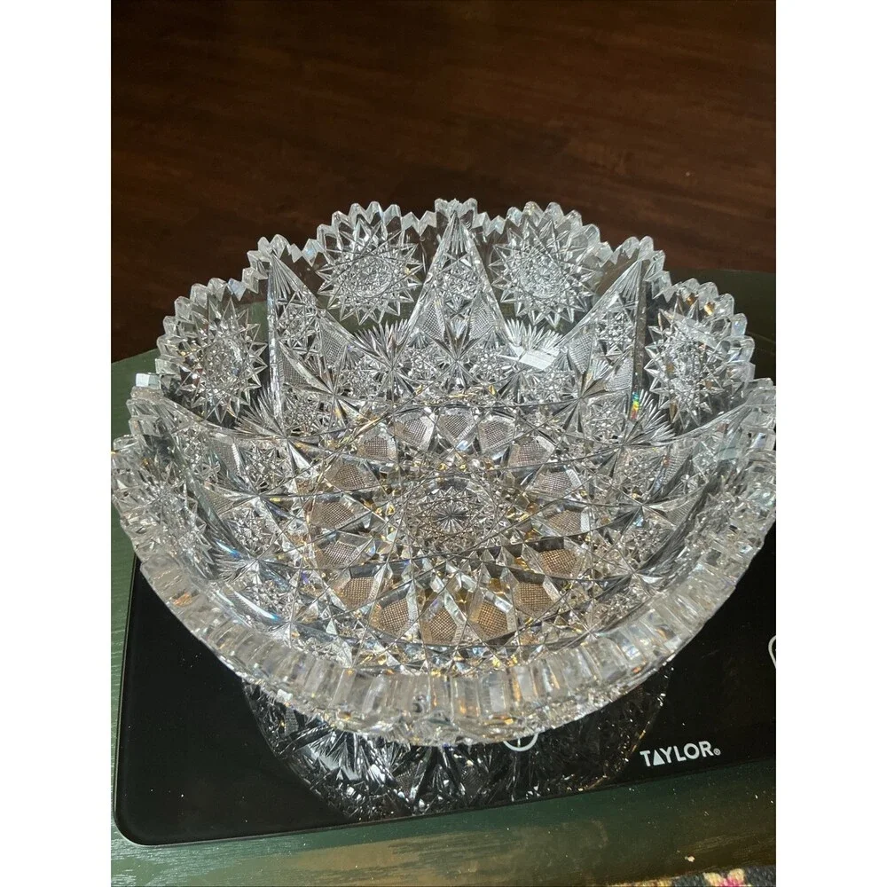 American Brilliant Lead Cut Glass Bowl 8.25 Inch Clear Antique Sawtooth Edge